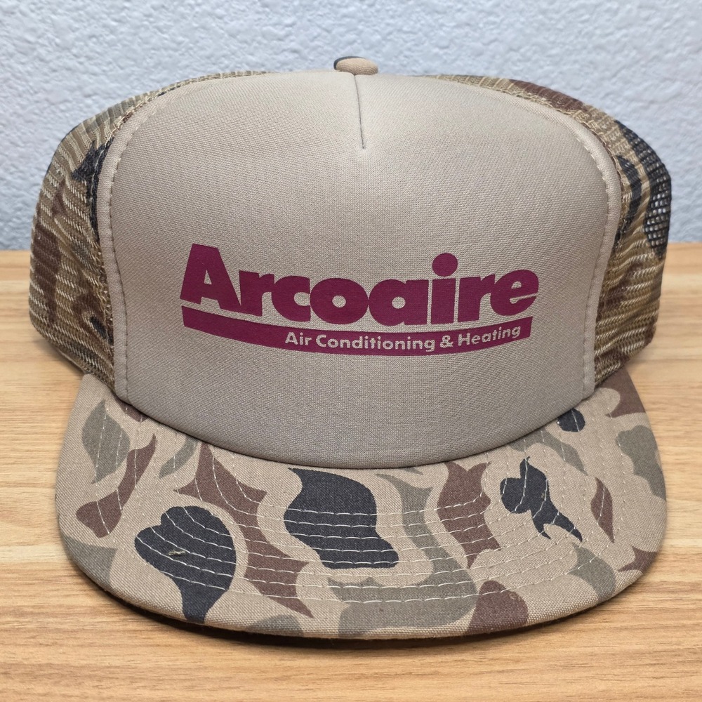 Vintage Arcoaire HVAC Snapback Mesh Trucker Hat Mens OSFA Tan Camo Speedway